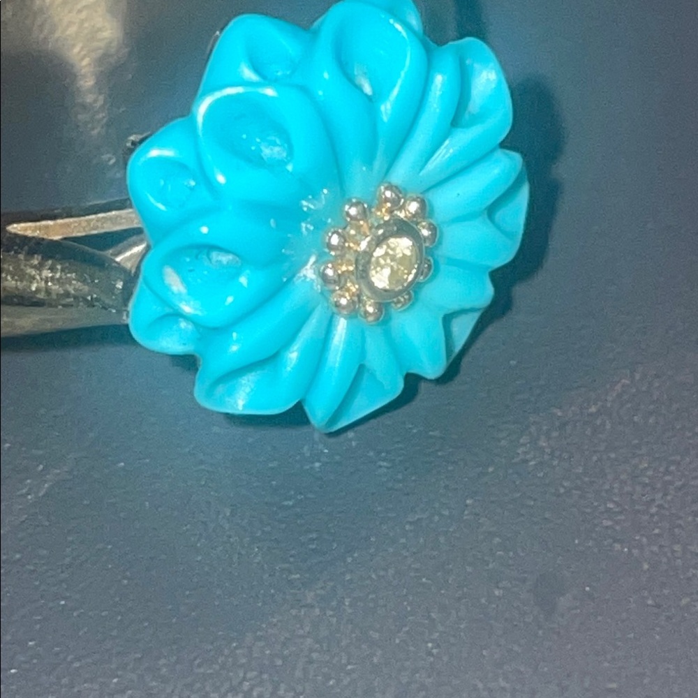 Gold  10 K Sleeping BeautyTurquoise Flower Ring w/Yellow Diamond Accents Size 7 - Picture 5 of 10
